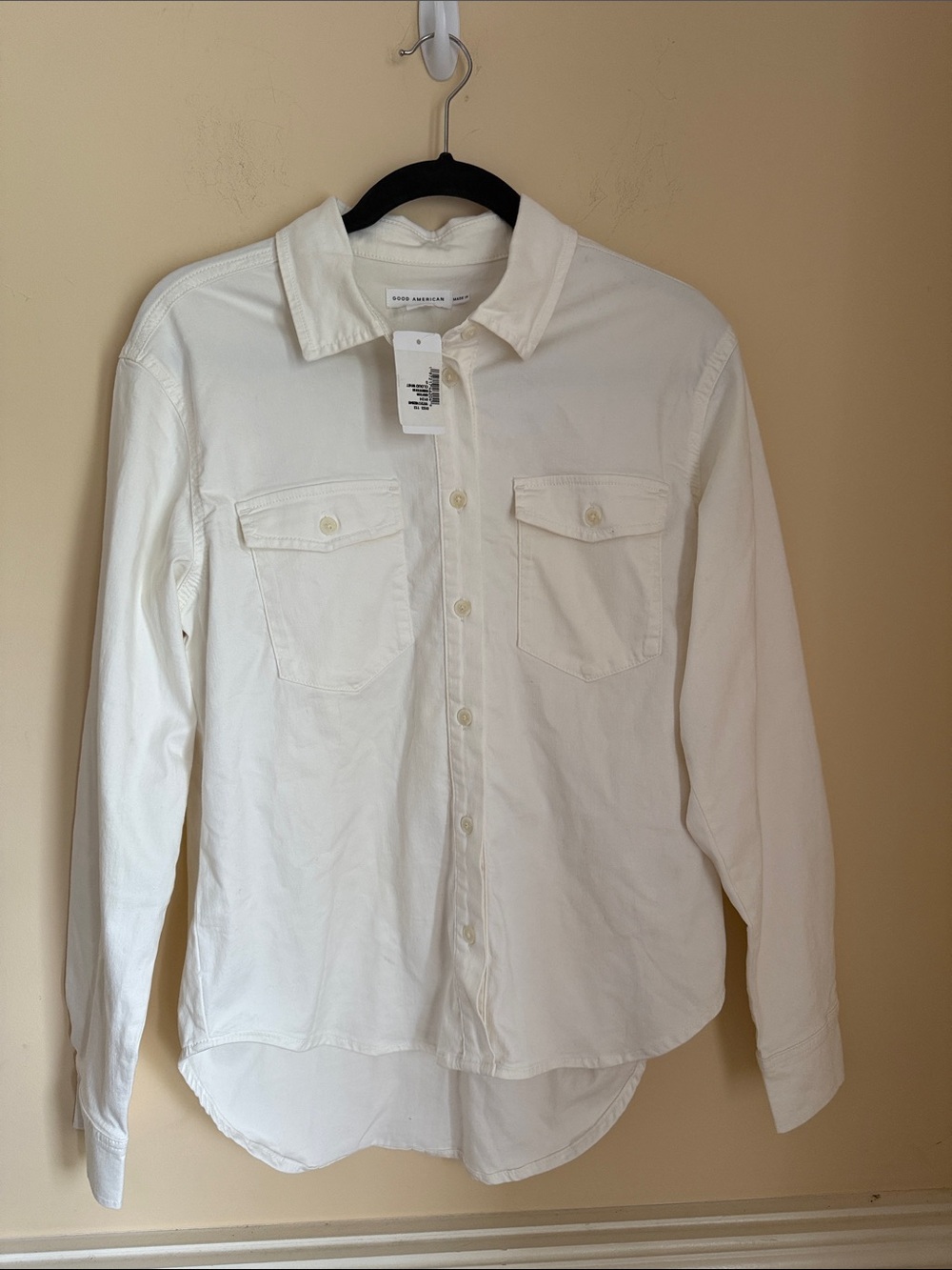 NWT Good American Denim Fitted LongSleeve Button-Up Shirt Cloud White Size Small